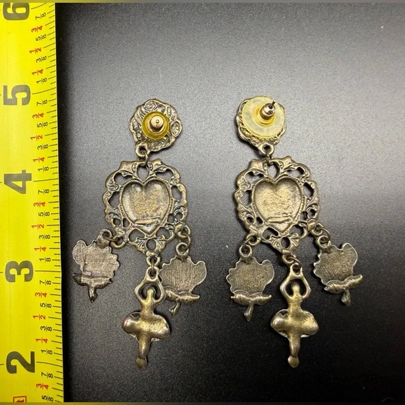 Vintage Banana Bob RARE Heart Rose Ballerina Rhinestone Dangle Earrings 3” drop - Picture 5 of 5